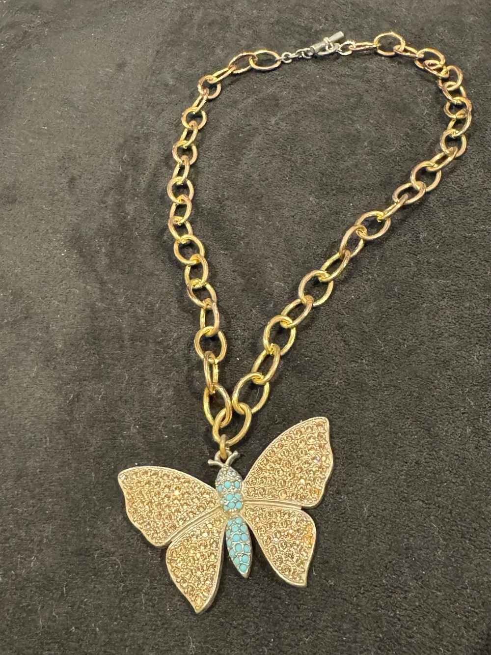 Tommassini Butterfly Statement Necklace Gold Tone Turquoise Detail Chunky Chain